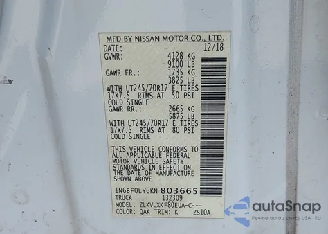 2019 Nissan Nv Cargo Nv2500 Hd Sv V6 z USA, uszkodzony, nr VIN 1N6BF0LY6KN803665